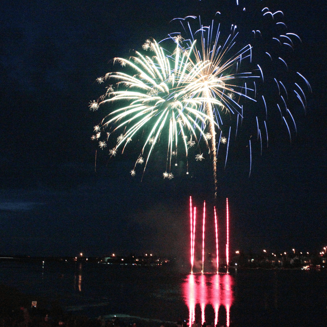 Fireworks are seen exploding over Chestermere Lake