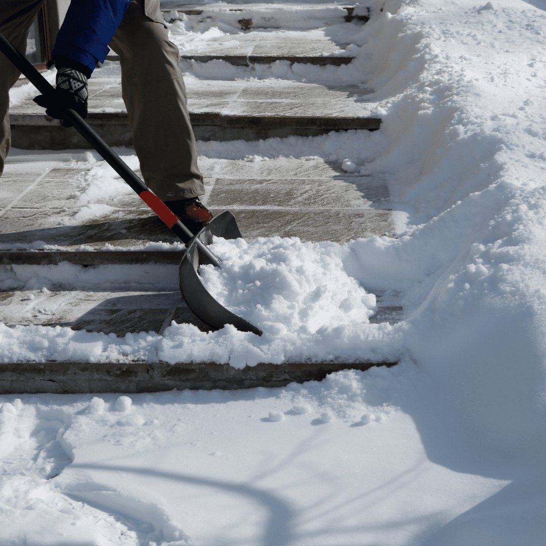A close up of a shovel moving snow from a sidewalk.