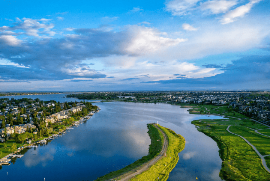A birds eye view of Chestermere, looking down the lake.