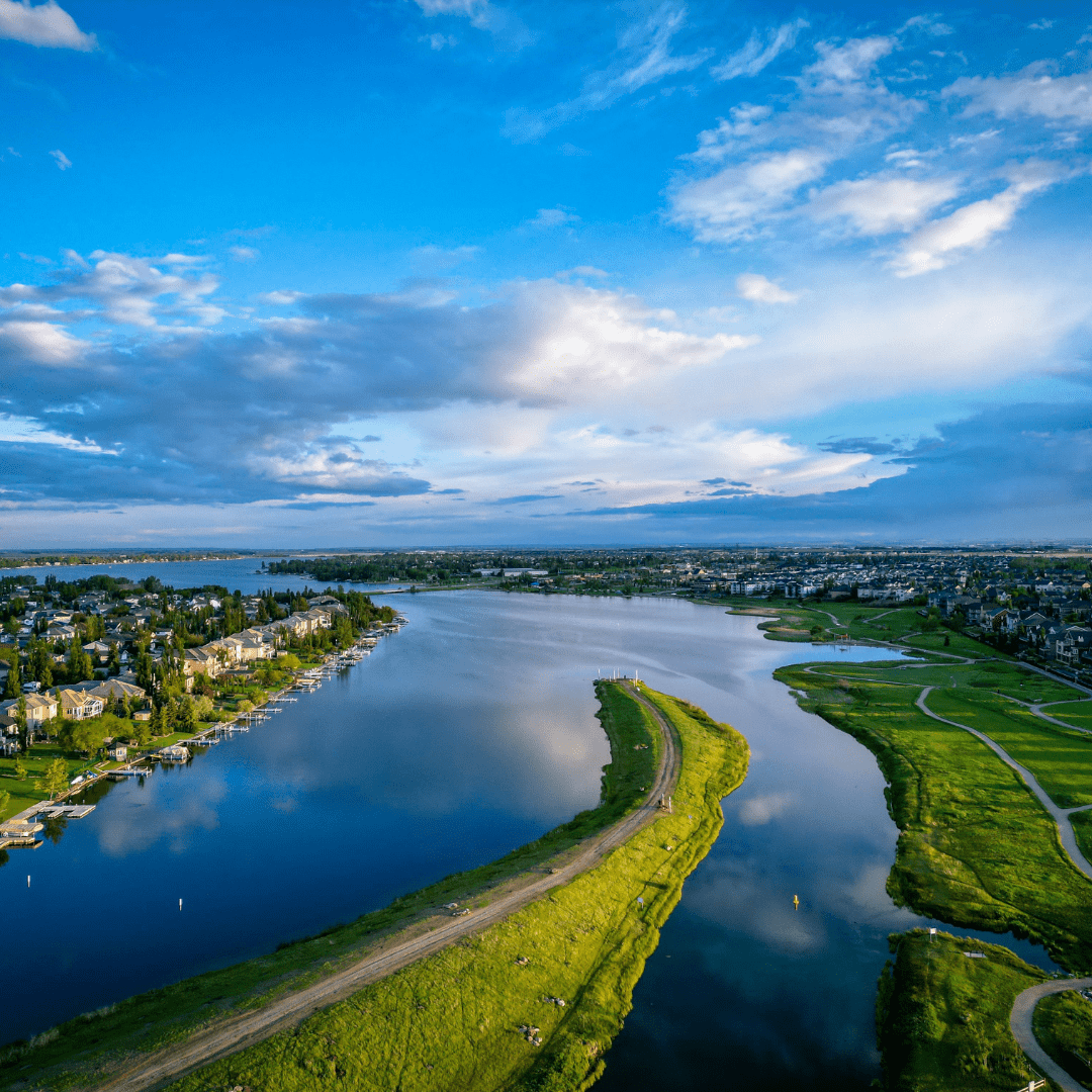 A birds eye view of Chestermere, looking down the lake.