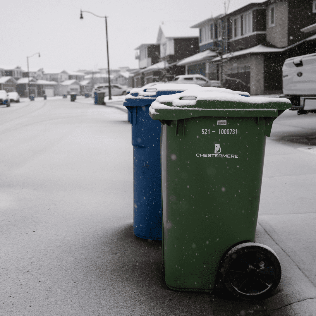 A green and blue bin on a curb with a light dusting of snow on top of them