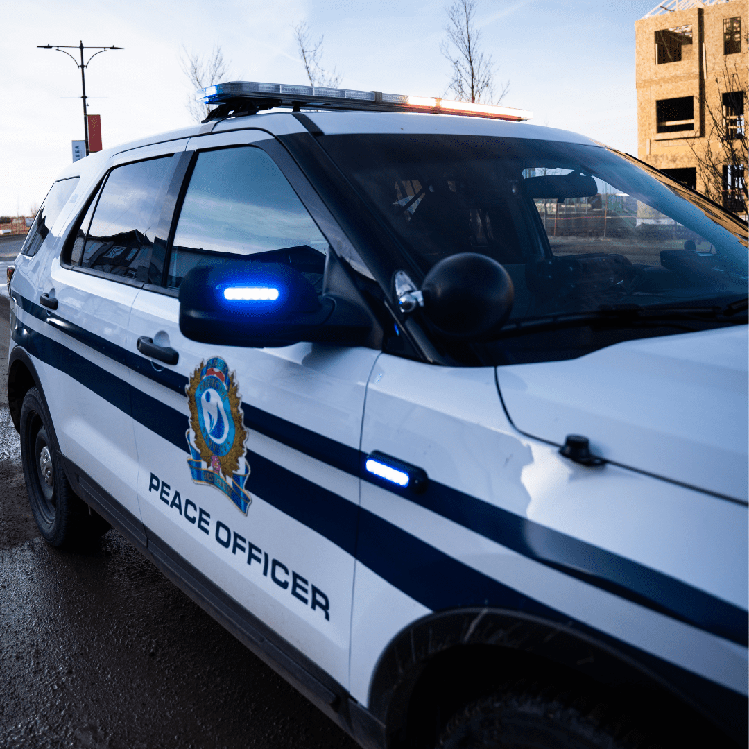 Lights flash on a Municipal Enforcement vehicle. The Chestermere Peace Officer crest is clearly visible on the door.