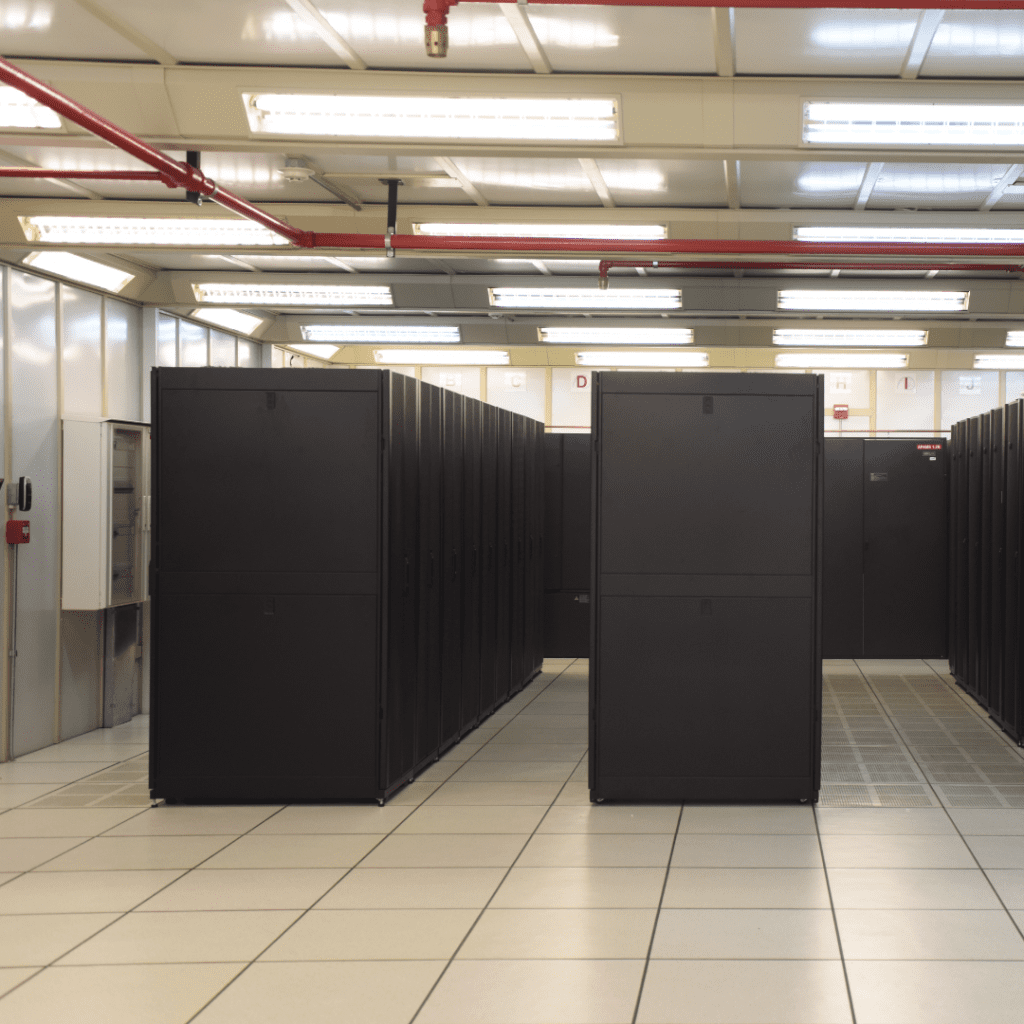 Servers sit in a housed data centre