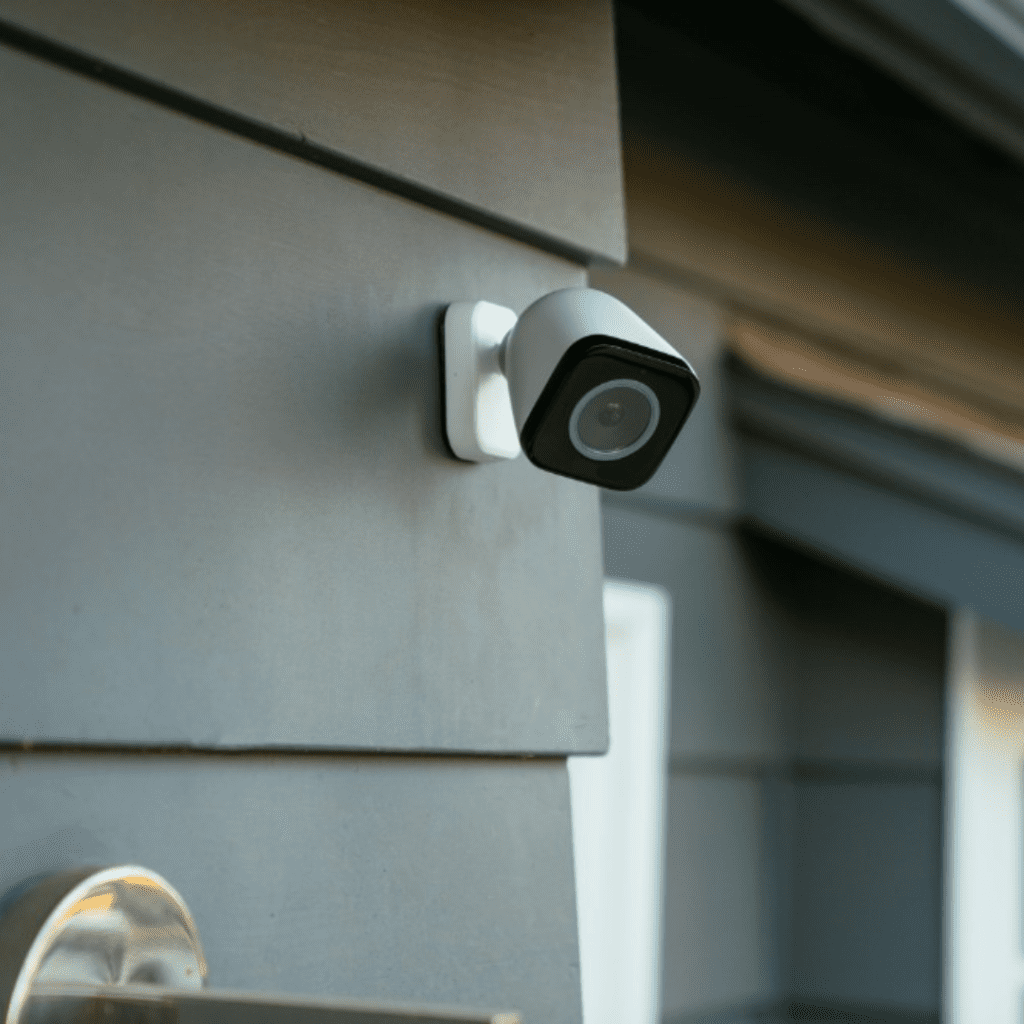 A camera is seen on the side of a home